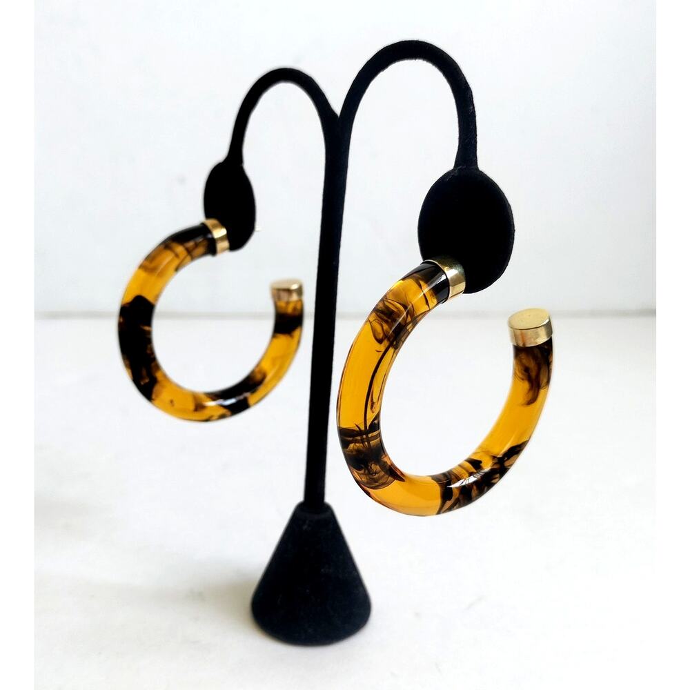 Vermeil Gold-Plated Sterling Base Tortoiseshell Resin Hoop Earrings 2"